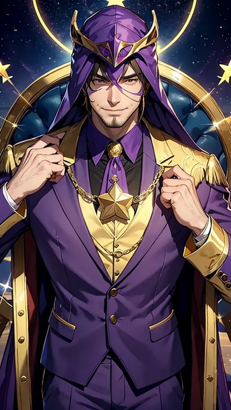 A tall, strong man who wears a purple suit with gold details and wears a smiling star mask that covers his entire face 