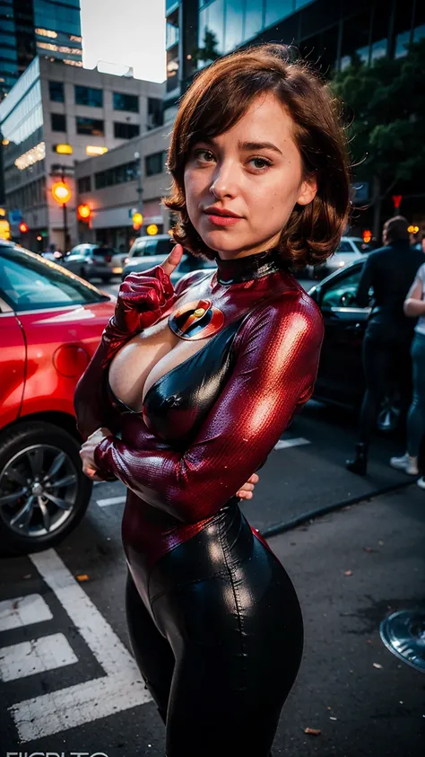 (masterpiece), (solo character), (photorealistic:1.4), ),(best quality), (the Incredibles red top bodysuit),, (Dakota Johnson wearing the Incredibles red bodysuit) ), (Dakota Johnson in Helen Parr hairstyle), (helen short hairstyle), (flashphoto), (epiCRea...