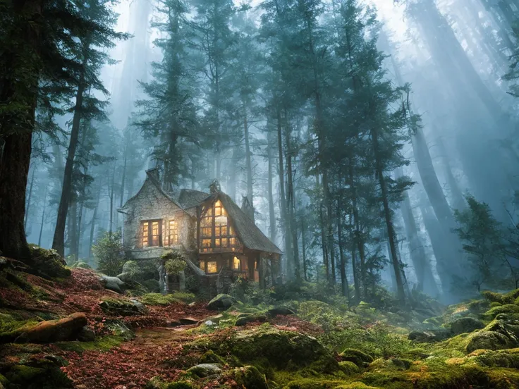 A cottage in a thick forest, high chaos, dark fairytale atmosphere, volumetric light, soft sunlight, intricate work by Johan Grenier style, Alyssa Monks style