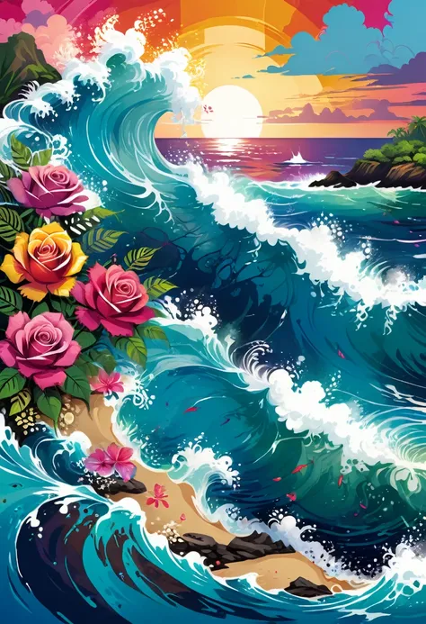 vectorial art, Colorful illustration with roses, At the center, swirly vibrant colors, paint splashes and smears, high détail,Background with Hawaii island
(work of art, best qualityer, proffesional, perfect composition, very aesthetic, absurdrez, super ve...