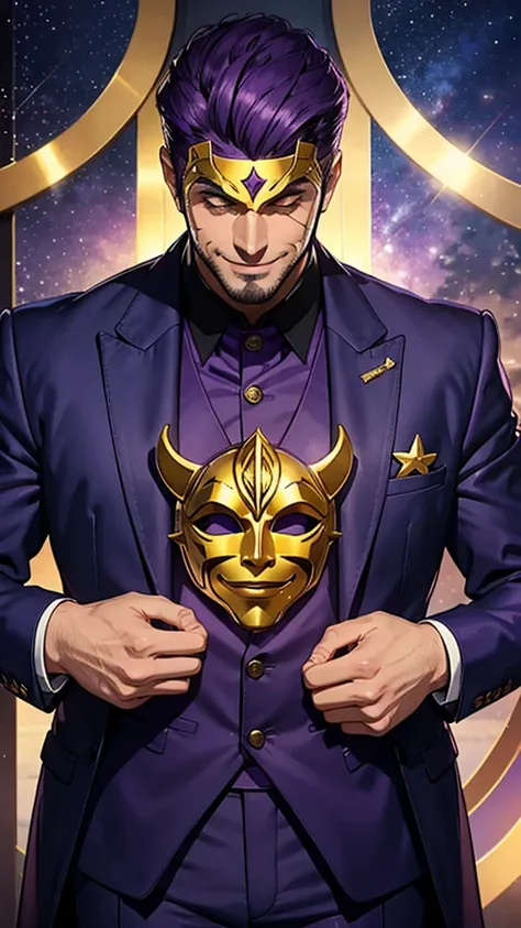 A tall, strong man wearing a purple suit with gold details and a smiling star mask that does not show his face 