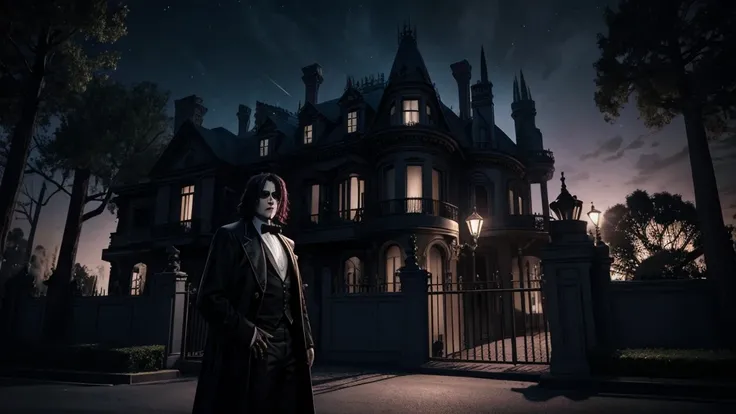 Scary and ultra-realistic image of a haunted mansion in Hollywood with Michael Jackson, standing in front of the mansion, looking ahead with scared expression, on a dark and scary night