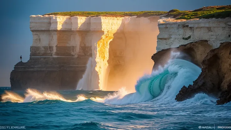 First floor: intricate, illuminated elaborate sculptures in white lace on a cliff in the open sea, waves crashing on the rocks, detailed creation, golden hour, exciting composition, spectacularly composed by a professional photographer from nature magazine