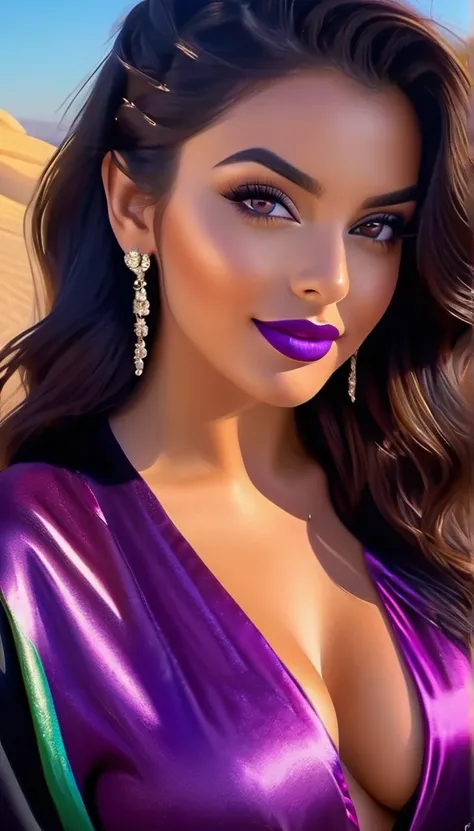 smile, (best quality,8k,hyperrealism:1.2),vibrant colors, sharp focus, insanely detailed, studio lighting, ultra-fine painting, vilolet eye color, black hair blowing in the wind, stunningly realistic eyes and lips, violet lipstick, perfect facial proportio...