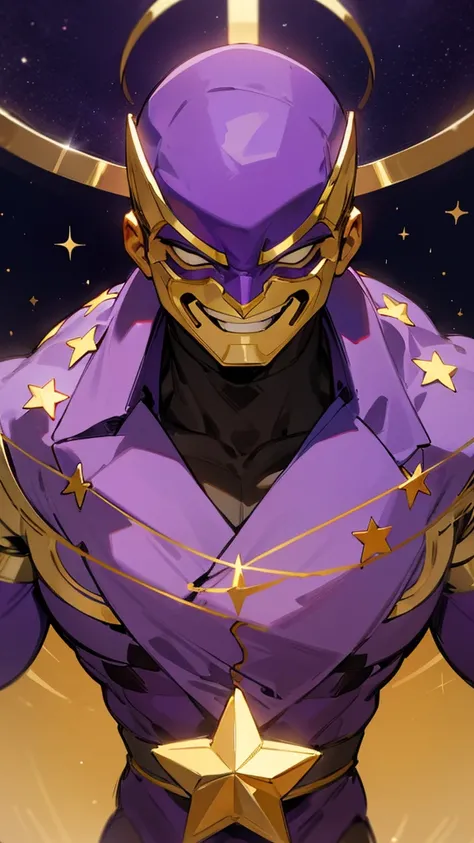 A tall, strong man wearing a purple suit with gold details and a smiling star mask that does not show his face 