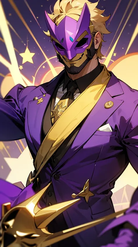 A tall, strong man wearing a purple suit with gold details and a smiling star mask that does not show his face 