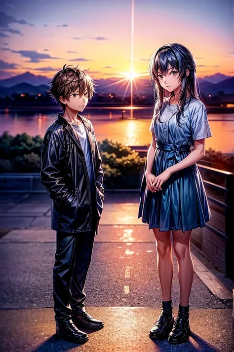 Two teenagers standing apart under a vibrant twilight sky, with a comet streaking across the background. The boy is in a Tokyo  and the girl in a rural Japanese . The scene is filled with detailed and colorful clouds, capturing a sense of magic and connect...