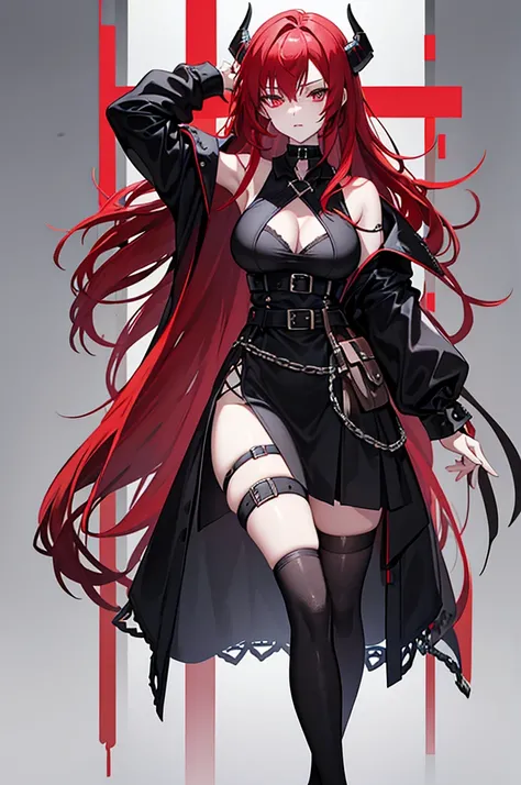 The character depicted in the image has a striking and elegant appearance. She has long, straight red hair that cascades down past her waist. Her eyes are a vivid turquoise color, giving her an intense and captivating gaze. On her head, she has black, horn...