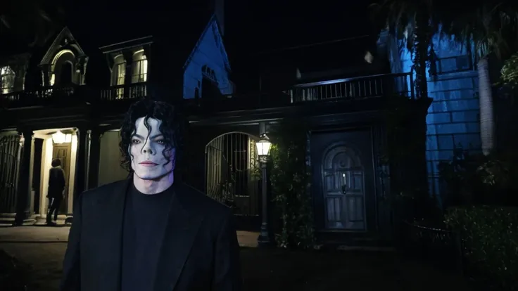 Scary and ultra-realistic image of a haunted mansion in Hollywood with Michael Jackson, standing in front of the mansion, looking ahead with scared expression, on a dark and scary night