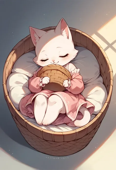 Cute little beautiful female cat wearing a cute pink dress sitting in her sleeping basket 