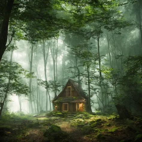 A cottage in a thick dark forest, high chaos, dark fairytale atmosphere, volumetric light, soft sunlight, intricate work by Johan Grenier style, Alyssa Monks style