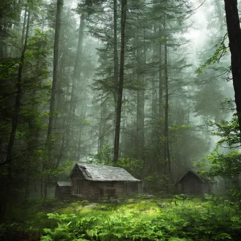 A cottage in a thick dark forest, high chaos, dark fairytale atmosphere, volumetric light, soft sunlight, intricate work by Johan Grenier style, Alyssa Monks style