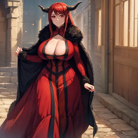 A woman wearing a red dress with black details with long sleeves, (Maoyuu) wearing luxury black fur cape, walking on a dirt sidewalk, open field view, smiling, big breasts, red red hair, long hair, horns, ruby red eyes, red heels, perfect face, perfect eye...