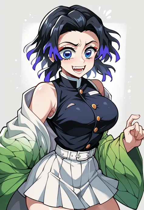 Draw a character in the animated art style of Kimetsu no Yaiba/Demon Slayer, with a vibrant and expressive appearance. Exaggerated features are essential, like big blue eyes, a subtle and fun smile, and a straight posture. The character must have short bla...