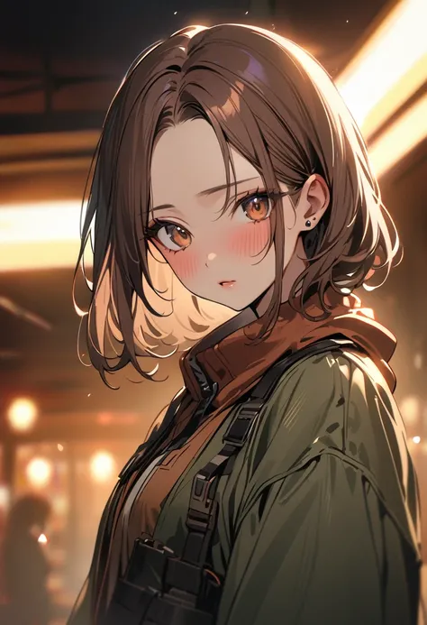 1 girl, bob, center part, forehead, brown hair, piercing, brown eyes, (blush:1.2)
BREAK (masterpiece), (high resolution 8K), cinematic lighting, professional lighting, detailed eyes and face, detailed body, 
BREAK plain clothes