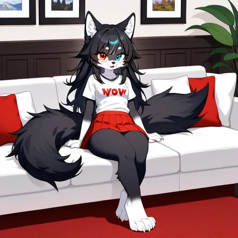 Teenage, black wolf, female, (anthro_furry), furry, small breasts, thick thighs, small height, wearing short red skirt and a white t-shirt, fluffy wolf tail with red tip, paws, 4 toes, white claws, beautiful detailed eyes, black fur, wolf ears with white c...