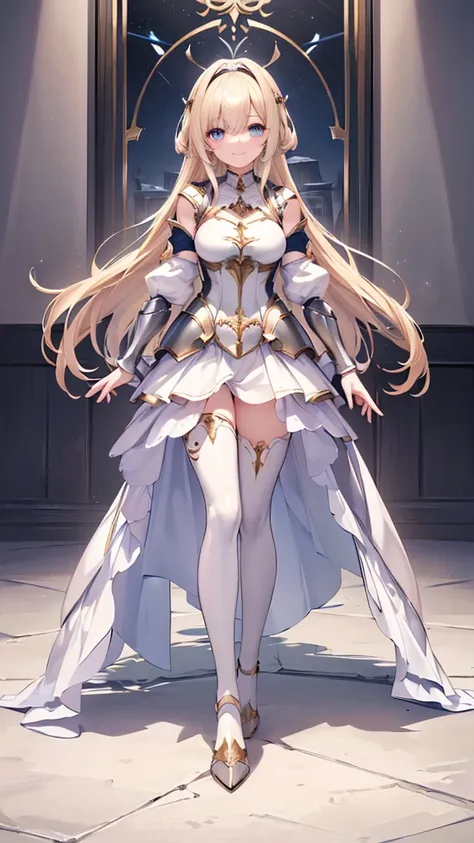 ({{masterpiece、Highest quality、Super detailed}})) 1 female、Blonde、Semi-long bob、armor、hair band、breastplate、肩armor、bangs、(armorブーツ、armorブーツ、White trousers、Hair above one eye、blue eyes、gloveaster-piece,hyper quality, hyper detailed,perfect drawing,solo,(8K、...