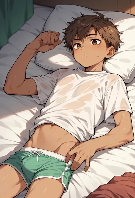 1 young boy, her hair is brown and messy with side bangs, Your brown eyes, YOUR TANNING SKIN, he is wearing underwear and a loose t-shirt, he&#39;s sitting 