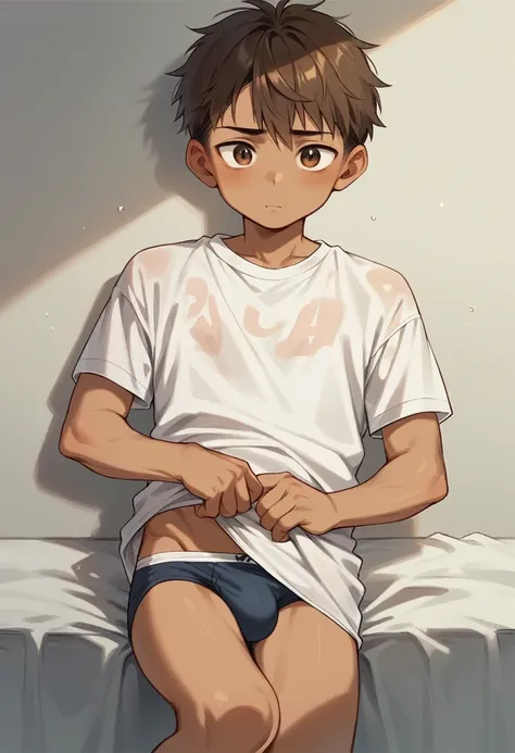 1 young boy, her hair is brown and messy with side bangs, Your brown eyes, YOUR TANNING SKIN, he is wearing underwear and a loose t-shirt, he&#39;s sitting 