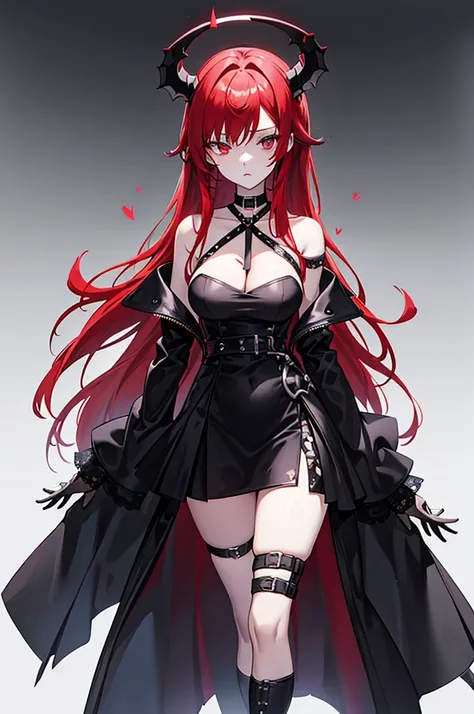 The character depicted in the image has a striking and elegant appearance. She has long, straight red hair that cascades down past her waist. Her eyes are a vivid turquoise color, giving her an intense and captivating gaze. On her head, she has black, horn...