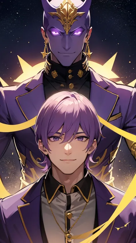 A tall, strong man wearing a purple suit with gold details and a smiling star mask that does not show his face 