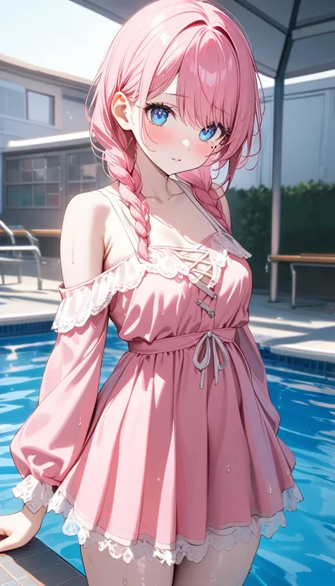 (1 girl),(Best Picture Quality, 8K, Masterpiece:1.3), (high school student:1.5), ((pink hair:1.1)), (braided ponytail)),(swept bangs), (cute eyes, pupil black, iris skyblue, youthful face), (mole under right eye), (standard weight), (small breasts), (glist...