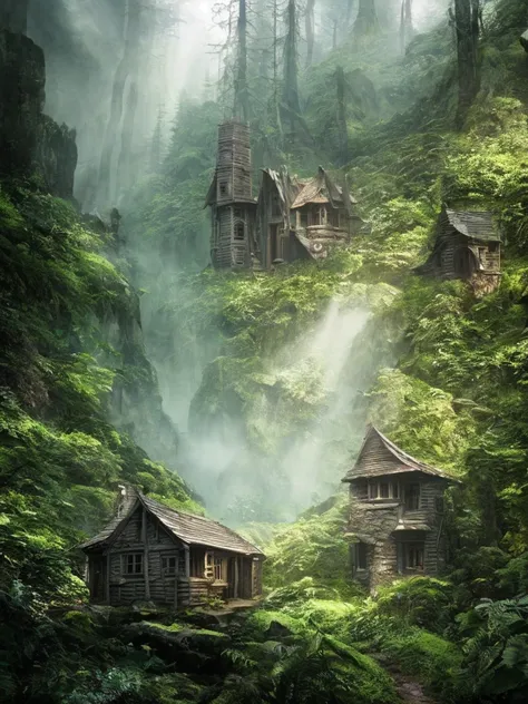 A witchs cottage in a thick mountain forest, high chaos, dark fairytale atmosphere, volumetric light, soft sunlight, intricate work by Johan Grenier style, Alyssa Monks style