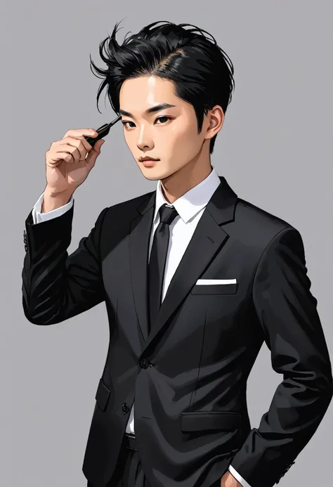 太ったmale性、Black suit、Black Hair、short hair、Asian、male、Brush your hair up、Simple Background