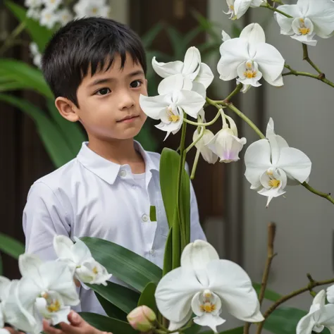 a young boy who has a slit in his forearm, and inside there are white orchid flowers, and he picked one of those flowers.