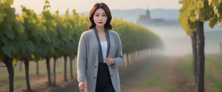 8k best picture quality, Beautiful 36-year-old Korean woman, Chest size 34 inches, The cathedral can be seen through the early morning fog past the vineyards in the Croatian countryside., The back background is realistic and vivid image quality, short and ...