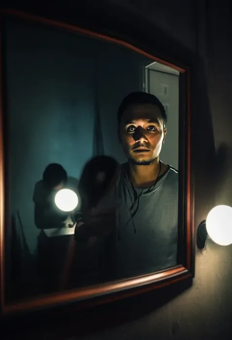 selfie photo of a man in front of the mirror but his reflection is staring at him, everything is dark, only flashlight light, di...