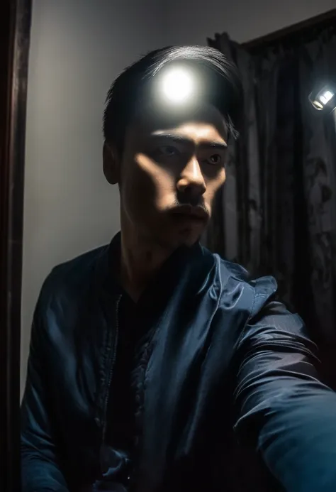 selfie photo of a man in front of the mirror but his reflection is staring at him, everything is dark, only flashlight light, di...