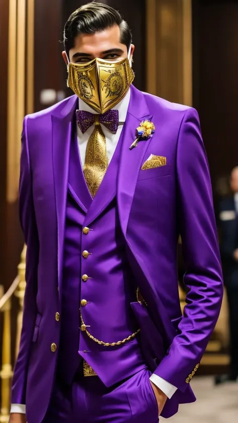 A tall, strong man wearing a purple suit with gold details and a smiling star mask that does not show his face 