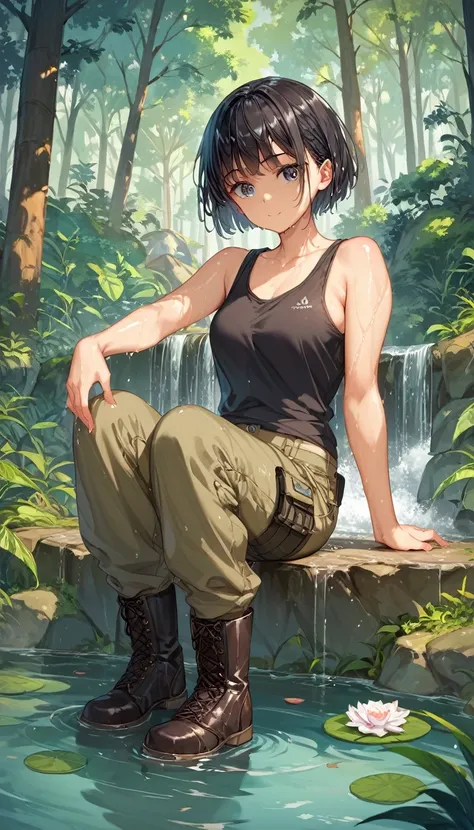 score_9, score_8_up, score_7_up,source_anime, high res image,masterpiece,best quality,girl,cute face,clear skin,shiny hair,ultra detailed eyes，Black Hair、Short Bob、Japan、Military boots、cargo pants、Tank top、Bathing、in the forest、Wet hair