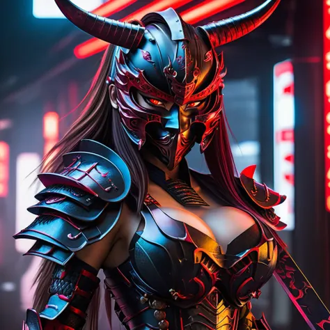 (demon female samurai)、(Wearing a demon mask), 1 woman, glowing red eyes、long hair, windy, (cyborg Armed with a long sharp knife)、cyber Japan samurai armor, cyberpunk samurai, mechanical samurai, cyber Japan style armor, Stand facing the front, magnificent...