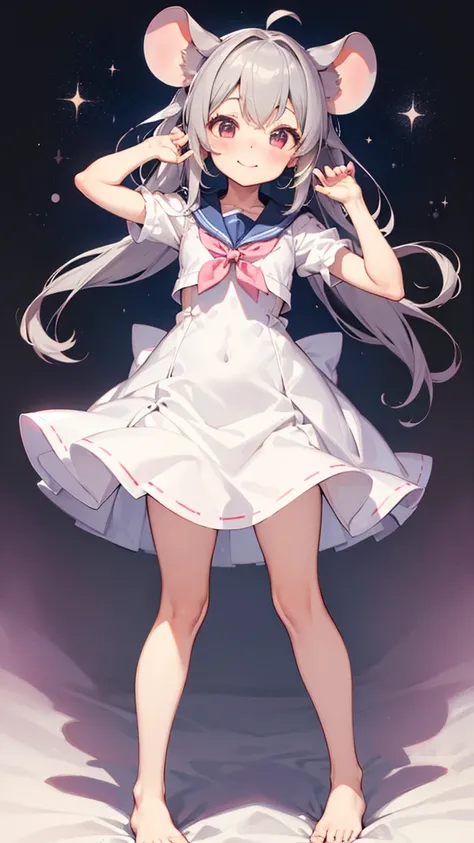 ((masterpiece))((Highest quality))Mouse Ears、girl、smile、blush、Flat Chest、Are thin、、low length、Gray Hair、blush、Are standing、Whole body image、Even your toes are visible、Eye level on face、front、No background、Mouse pose、真frontのアングル、Sailor suit