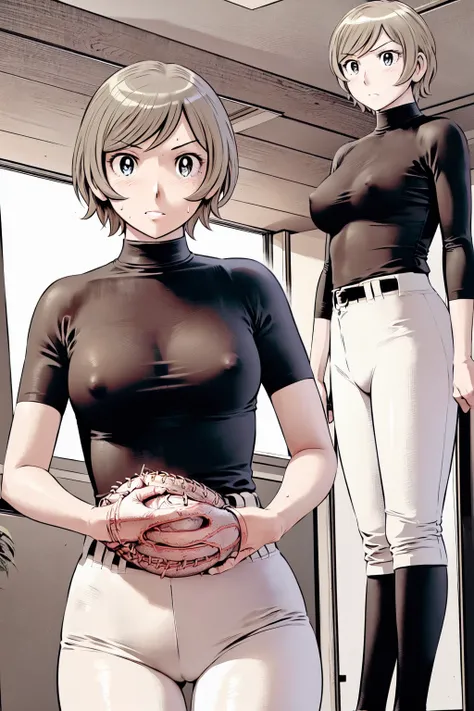 (野球uniform:1.2),
blonde, (short hair:1.2),Long sleeve, Black Shirt, turtleneck,White trousers、uniform、Black belt、((Illustration of people))、big 、
View your viewers,, (Highest quality:1.3),One Girl, White pants、uniform、Outdoor、baseball ground、ground、soil、bl...