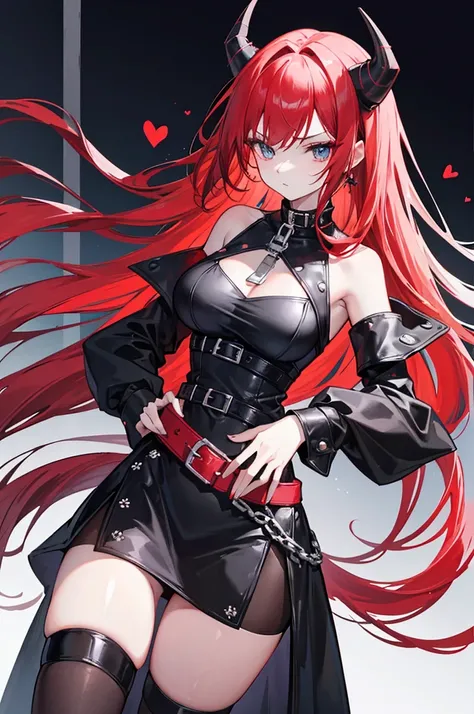 The character depicted in the image has a striking and elegant appearance. She has long, straight red hair that cascades down past her waist. Her eyes are a vivid turquoise color, giving her an intense and captivating gaze. On her head, she has black, horn...