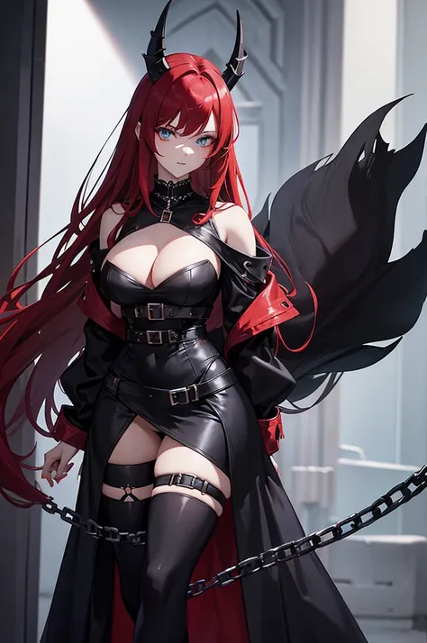 The character depicted in the image has a striking and elegant appearance. She has long, straight red hair that cascades down past her waist. Her eyes are a vivid turquoise color, giving her an intense and captivating gaze. On her head, she has black, horn...