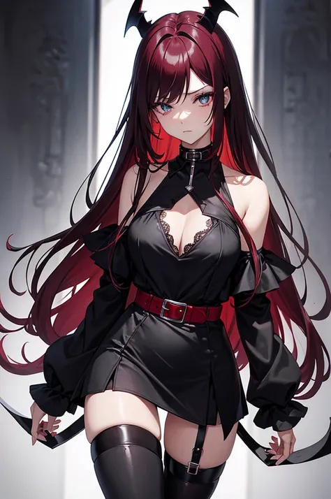 The character depicted in the image has a striking and elegant appearance. She has long, straight red hair that cascades down past her waist. Her eyes are a vivid turquoise color, giving her an intense and captivating gaze. On her head, she has black, horn...