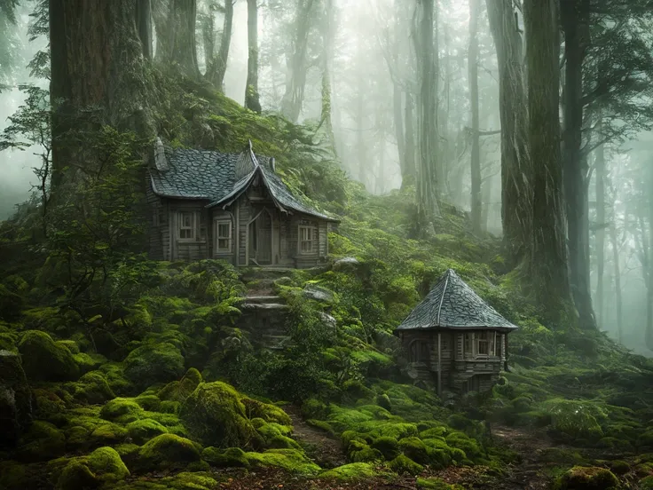 A witchs cottage in a thick mountain forest, high chaos, dark fairytale atmosphere, volumetric light, soft sunlight, intricate work by Johan Grenier style, Alyssa Monks style