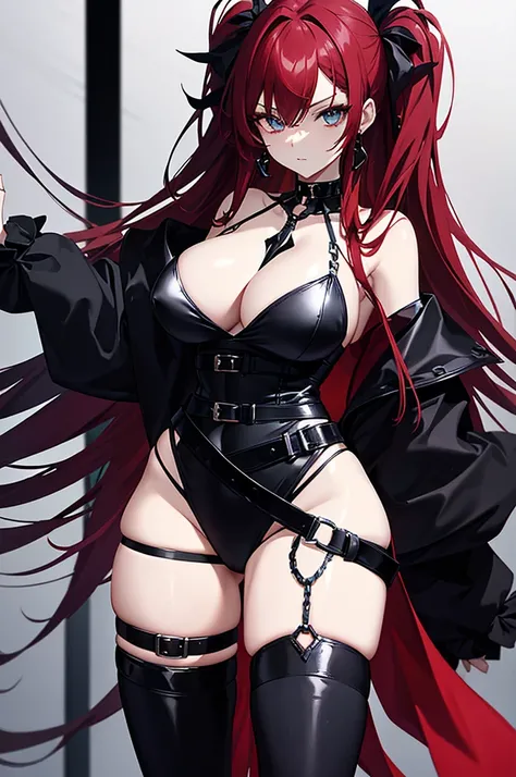 The character depicted in the image has a striking and elegant appearance. She has long, straight red hair that cascades down past her waist. Her eyes are a vivid turquoise color, giving her an intense and captivating gaze. On her head, she has black, horn...