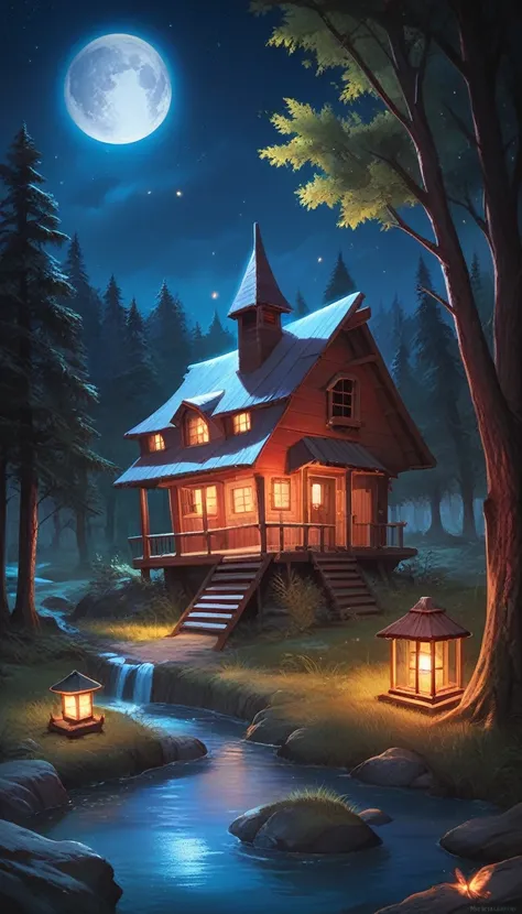 Dark forest , a river , big moon , full of trees , a small hut, mountain in backside, night view, big trees around the hut,misty,mystique,high detailed,photorealistic,beautiful,fireflies,dynamic lights,