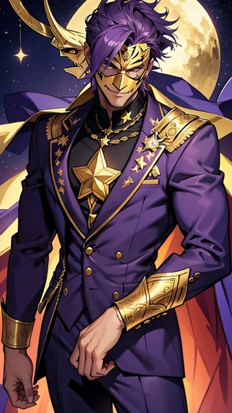 A tall, strong man wearing a purple suit with gold details and a smiling star mask that does not show his face 