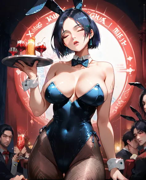 score_9, score_8_up, score_7_up, score_6_up, masterpiece, best quality, 1girl, playboy bunny, fake rabbit ears, detached collar, black leotard, fishnet pantyhose, wrist cuffs, large breasts, holding tray, casino, looking at viewer, closed eyes, blush, cort...