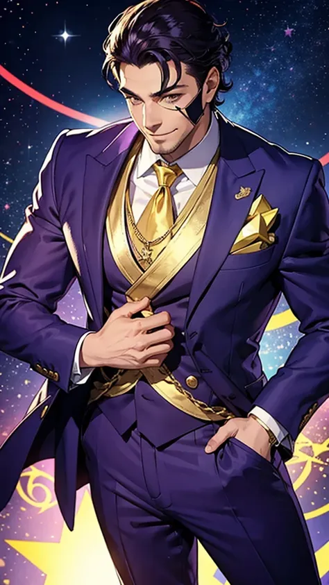 A tall, strong man wearing a purple suit with gold details and a smiling star mask that does not show his face 