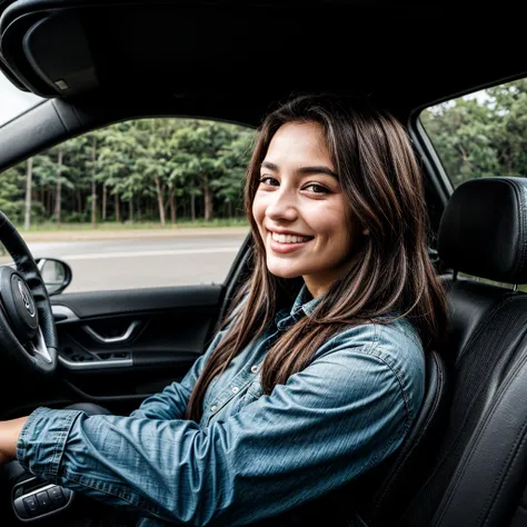 A young woman in a car who smiles