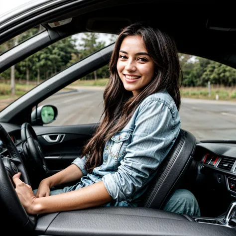 A young woman in a car who smiles