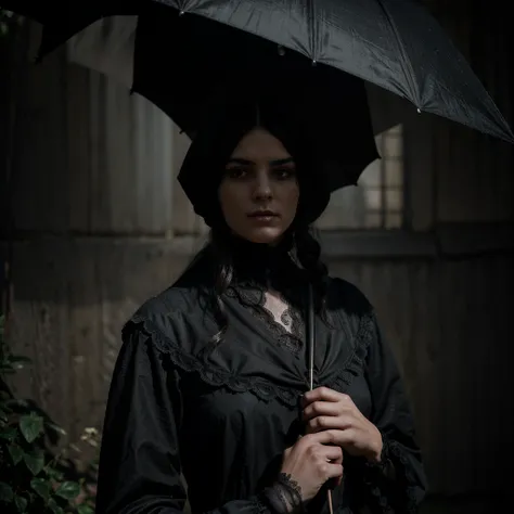 A woman wearing a long black victorian era dress, with a black veil covering her face, holding a black parasol, detailed portrait, highly realistic, cinematic lighting, dramatic shadows, ultra-detailed, 8K, photorealistic, award-winning portrait photograph...