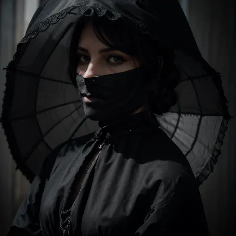 A woman wearing a long black victorian era dress, with a black veil covering her face, holding a black parasol, detailed portrait, highly realistic, cinematic lighting, dramatic shadows, ultra-detailed, 8K, photorealistic, award-winning portrait photograph...